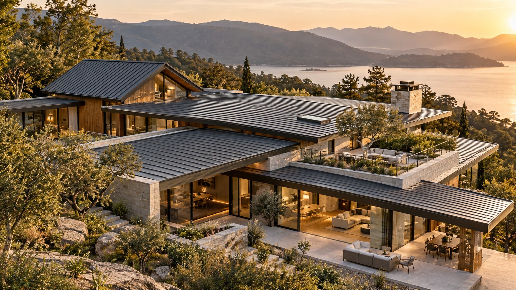 Elevated view of a contemporary stone-and-timber residence with layered low-slope roofs, parapets, and a landscaped rooftop terrace.