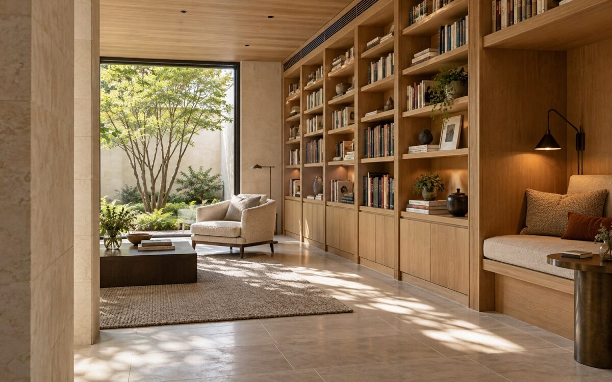 Contemporary residential library with oak shelving, a sheltered reading alcove, limestone floor, and softly lit garden opening.