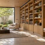 Contemporary residential library with oak shelving, a sheltered reading alcove, limestone floor, and softly lit garden opening.