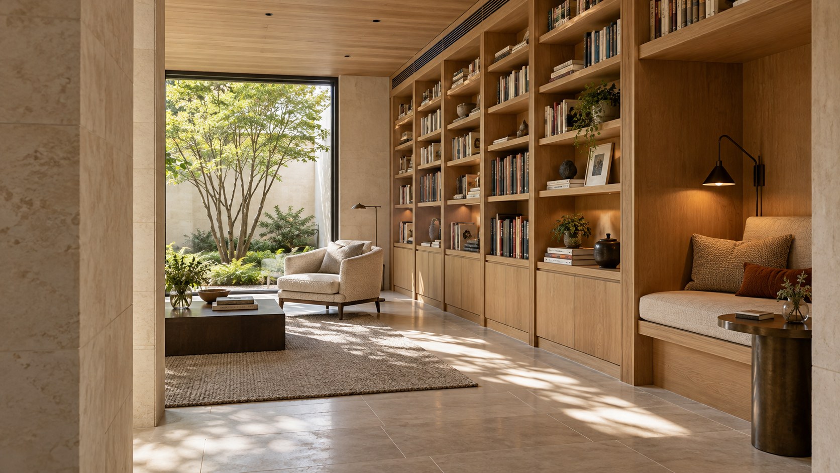 Contemporary residential library with oak shelving, a sheltered reading alcove, limestone floor, and softly lit garden opening.