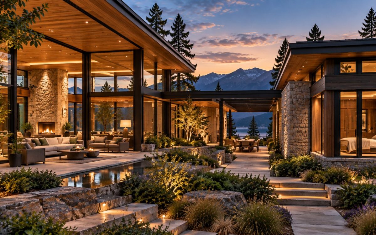 AI-generated contemporary luxury residence showing distinct environmental zones through varied glazing, shaded and exposed volumes, layered ceiling planes, and carefully integrated building services.