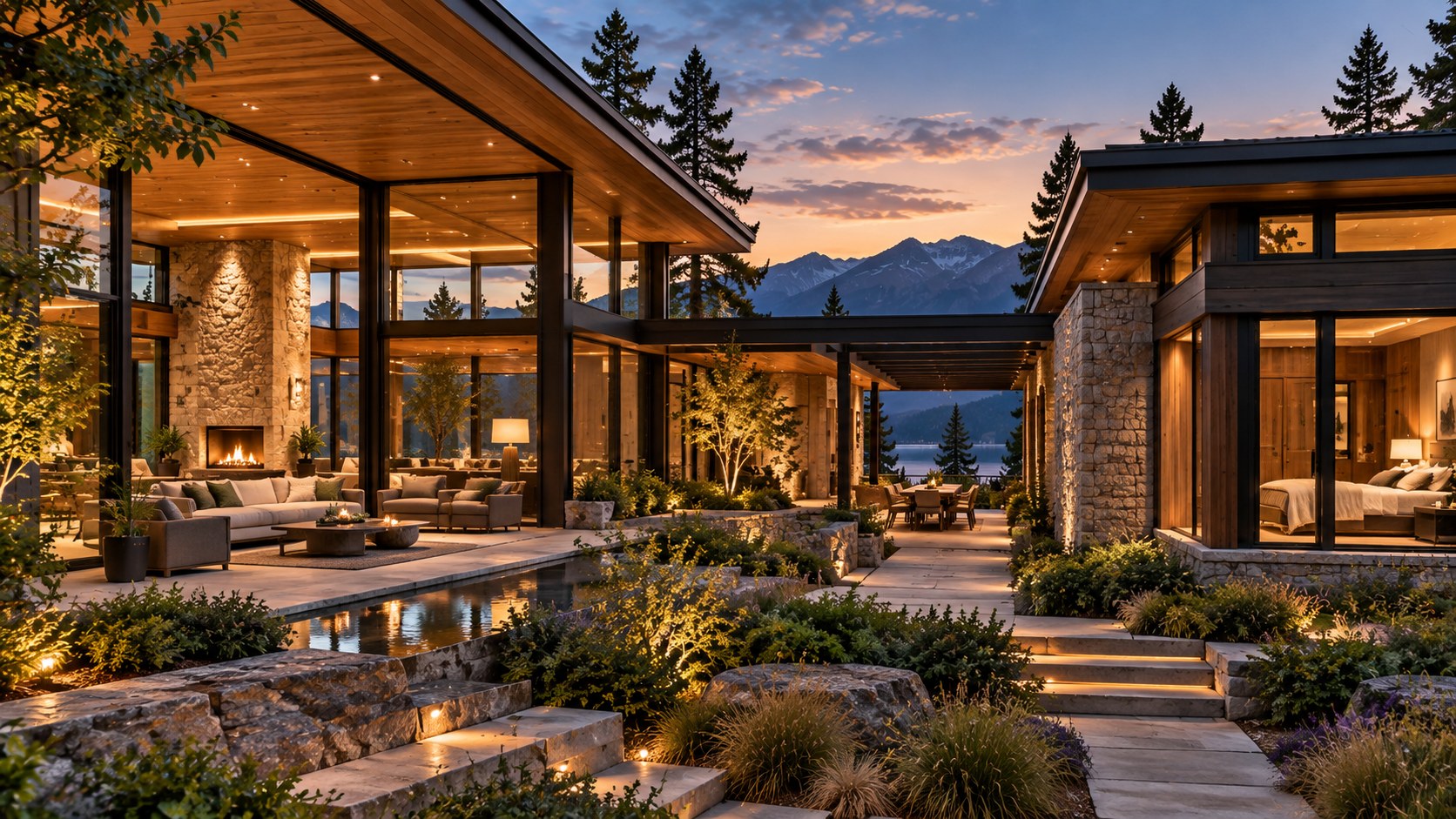 AI-generated contemporary luxury residence showing distinct environmental zones through varied glazing, shaded and exposed volumes, layered ceiling planes, and carefully integrated building services.