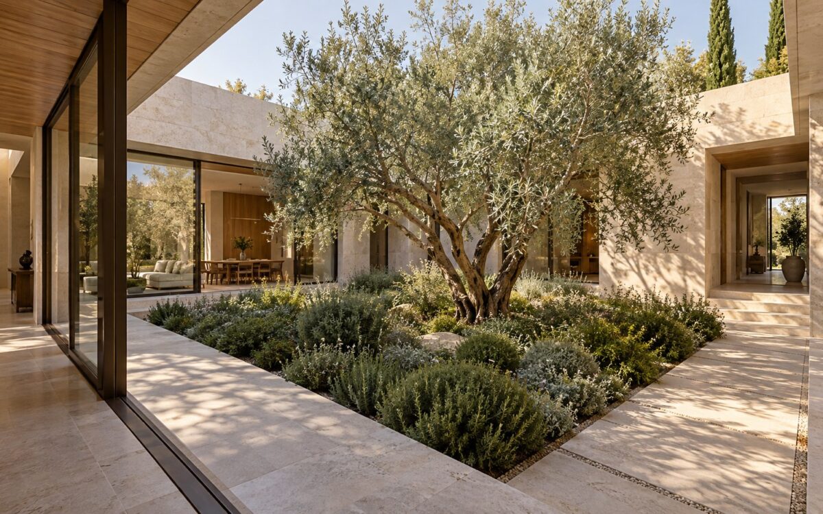 Contemporary limestone courtyard with a mature garden tree, deep planting beds, shaded glazing, and connecting residential galleries.