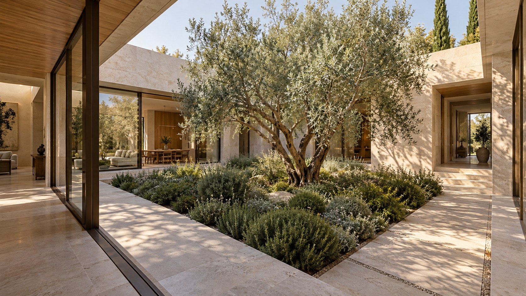 Contemporary limestone courtyard with a mature garden tree, deep planting beds, shaded glazing, and connecting residential galleries.