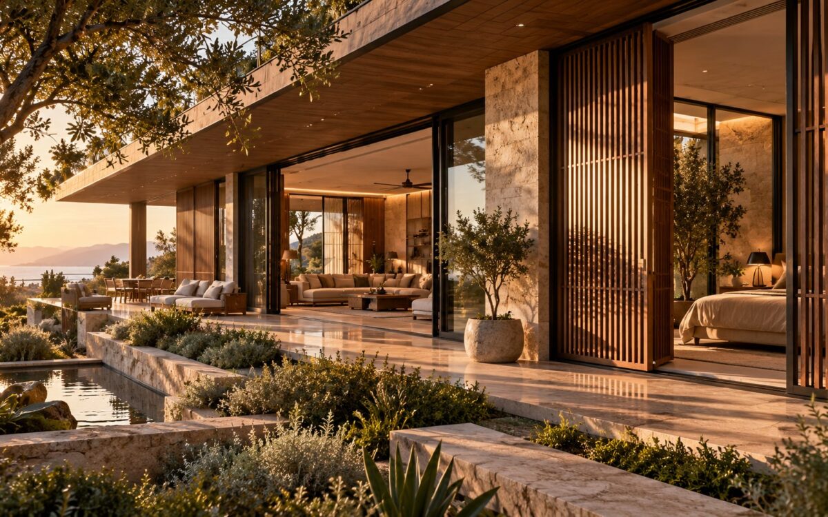 AI-generated contemporary luxury residence with operable timber screens, large opening windows, shaded terraces, and layered glazing responding to changing light, privacy, and landscape conditions.