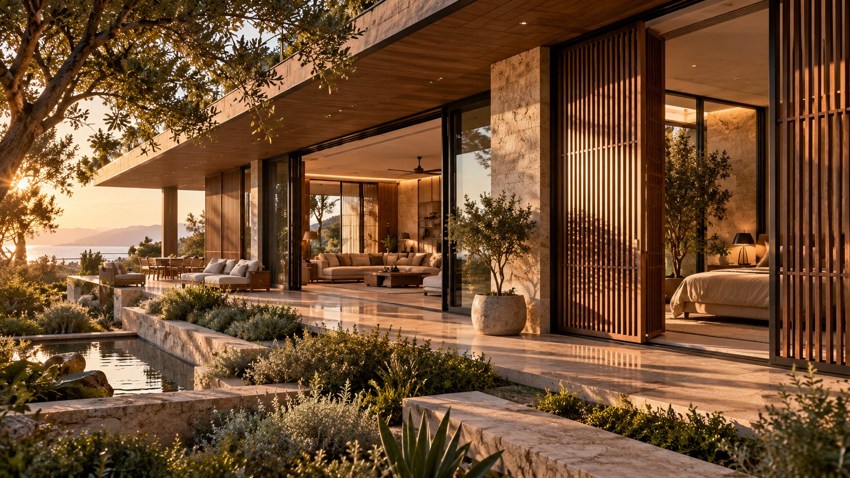 AI-generated contemporary luxury residence with operable timber screens, large opening windows, shaded terraces, and layered glazing responding to changing light, privacy, and landscape conditions.