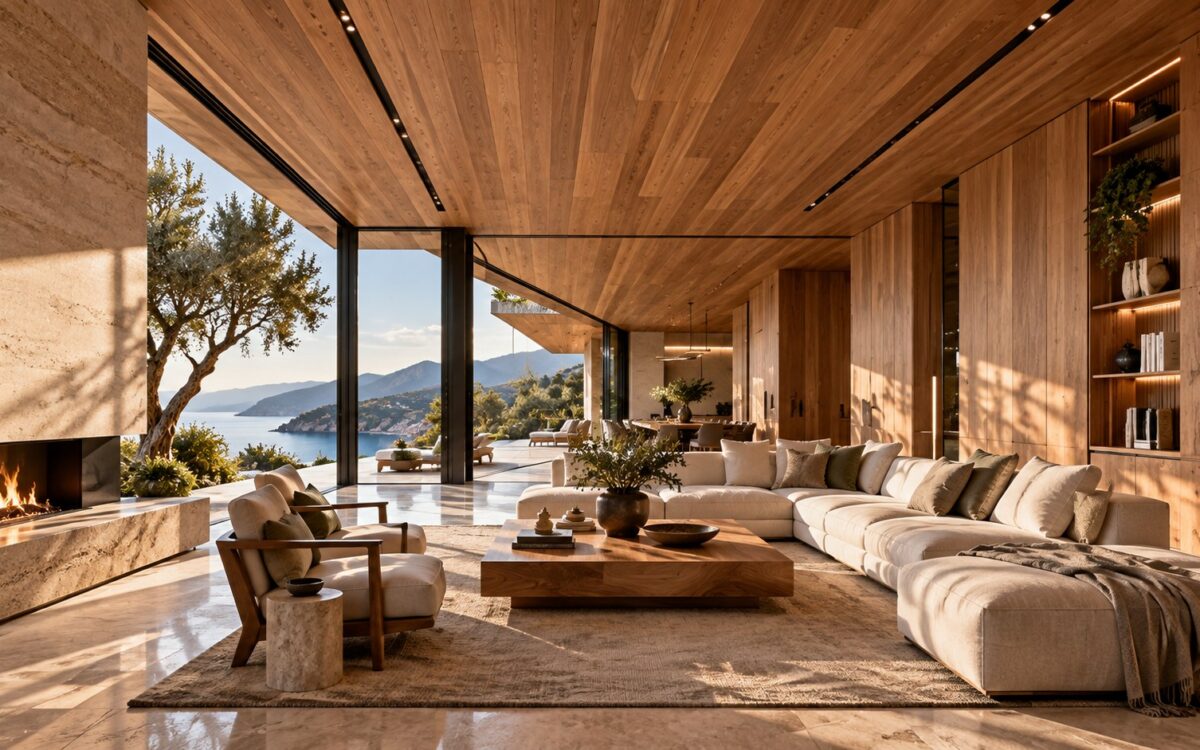 Luxury contemporary residential interior with warm timber wall and ceiling surfaces, precise panel joints, integrated cabinetry, natural stone, and soft daylight.