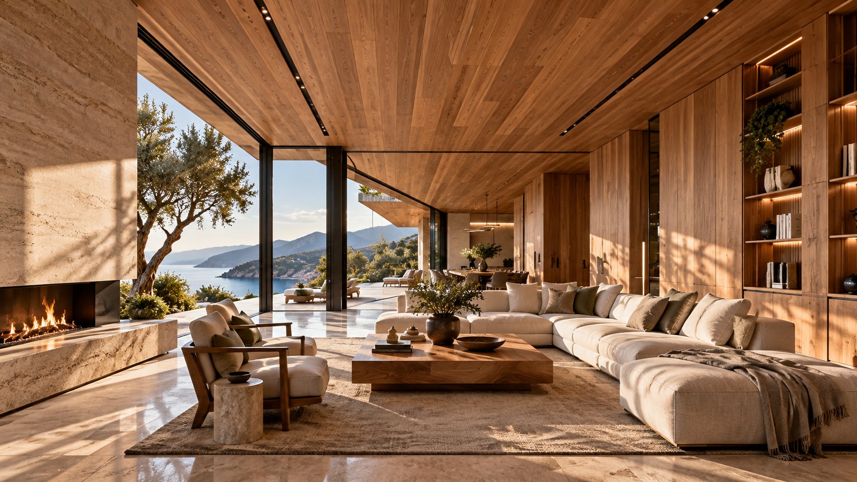 Luxury contemporary residential interior with warm timber wall and ceiling surfaces, precise panel joints, integrated cabinetry, natural stone, and soft daylight.