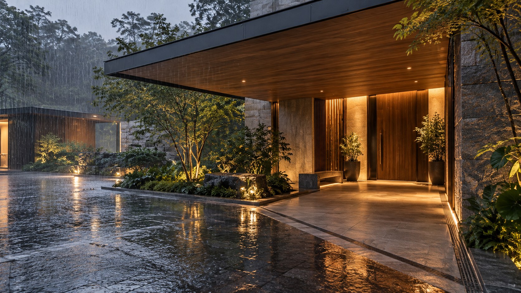 Deep canopy, dry pathway, drainage, and shielded lighting keep a luxury entrance functional during heavy rain.
