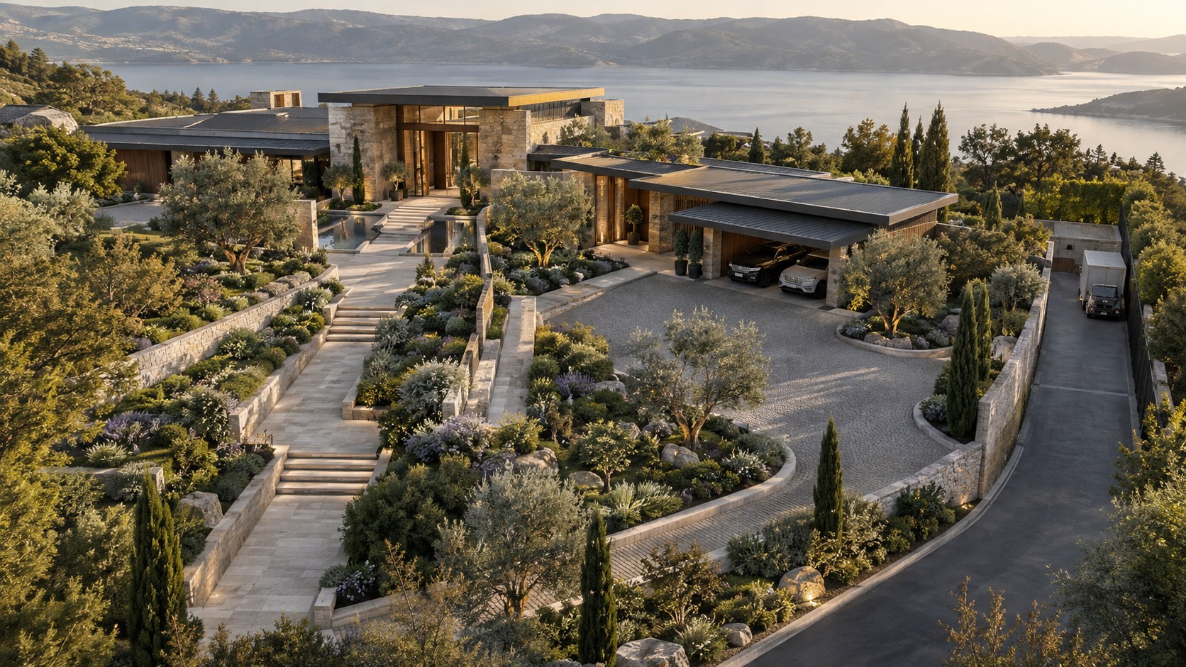 Guest, resident, service, and accessible routes are integrated around one coherent luxury residential entrance.