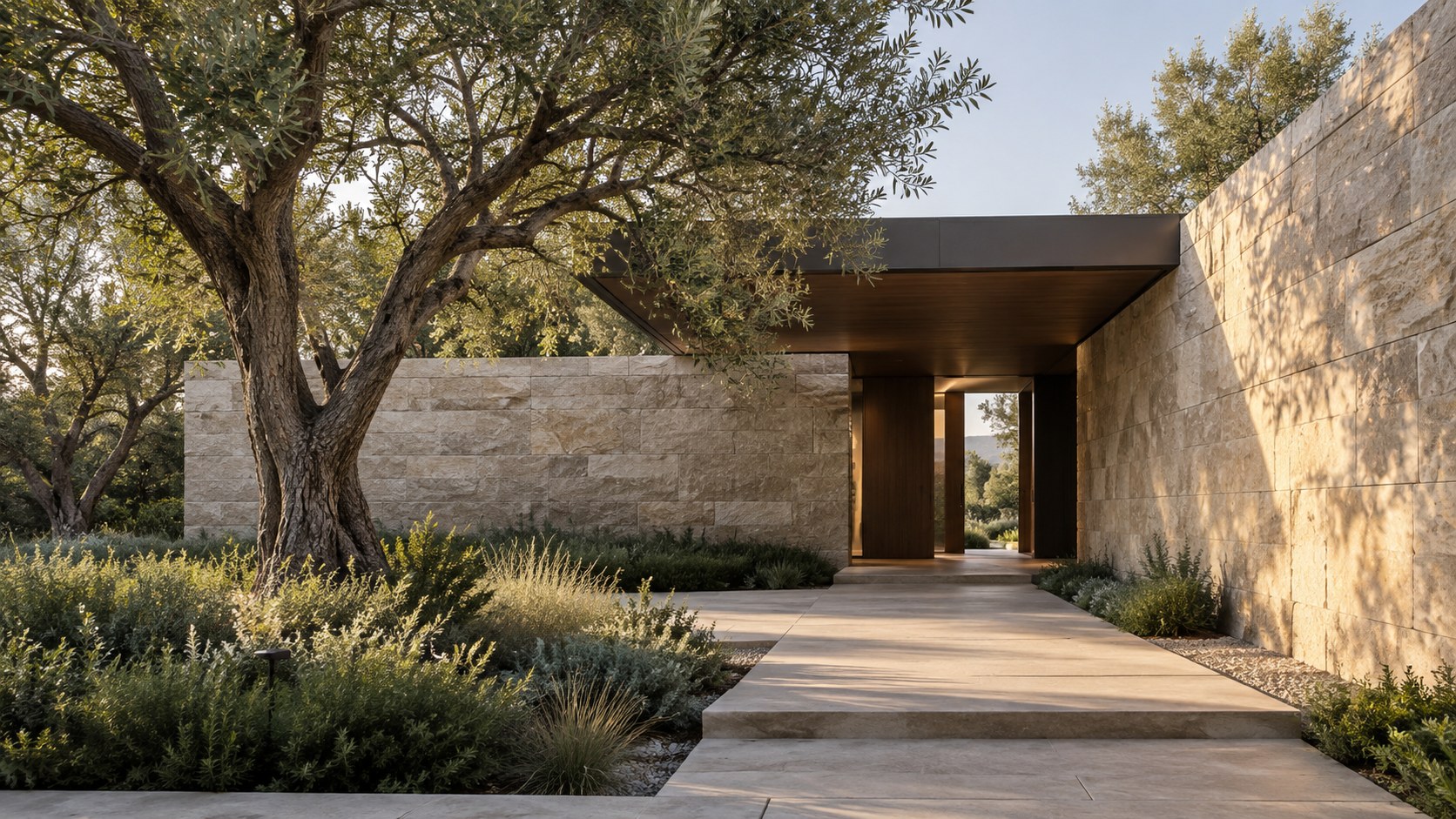Quiet stone wall, single mature tree, and low canopy form a restrained luxury residential arrival.