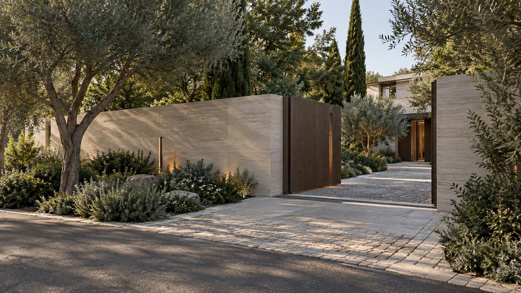 Stone property edge and layered planting partially conceal a luxury residence beyond an integrated entrance gate.