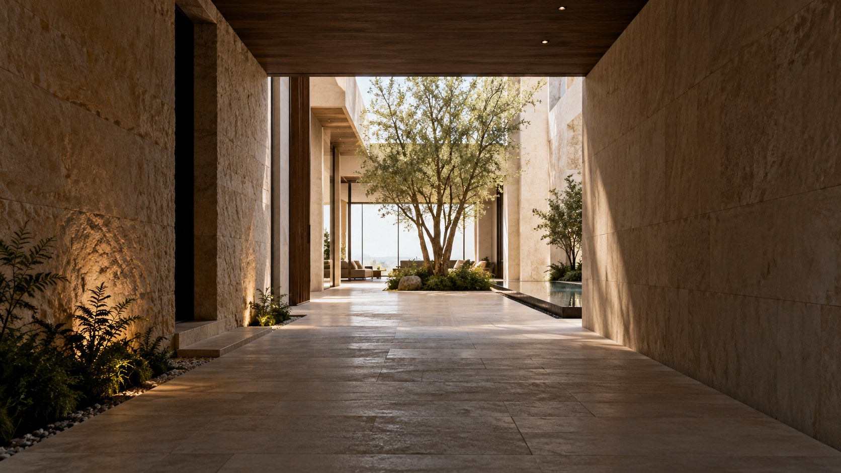 Narrow shaded entry passage opens into a tall luminous courtyard, creating clear spatial compression and expansion.