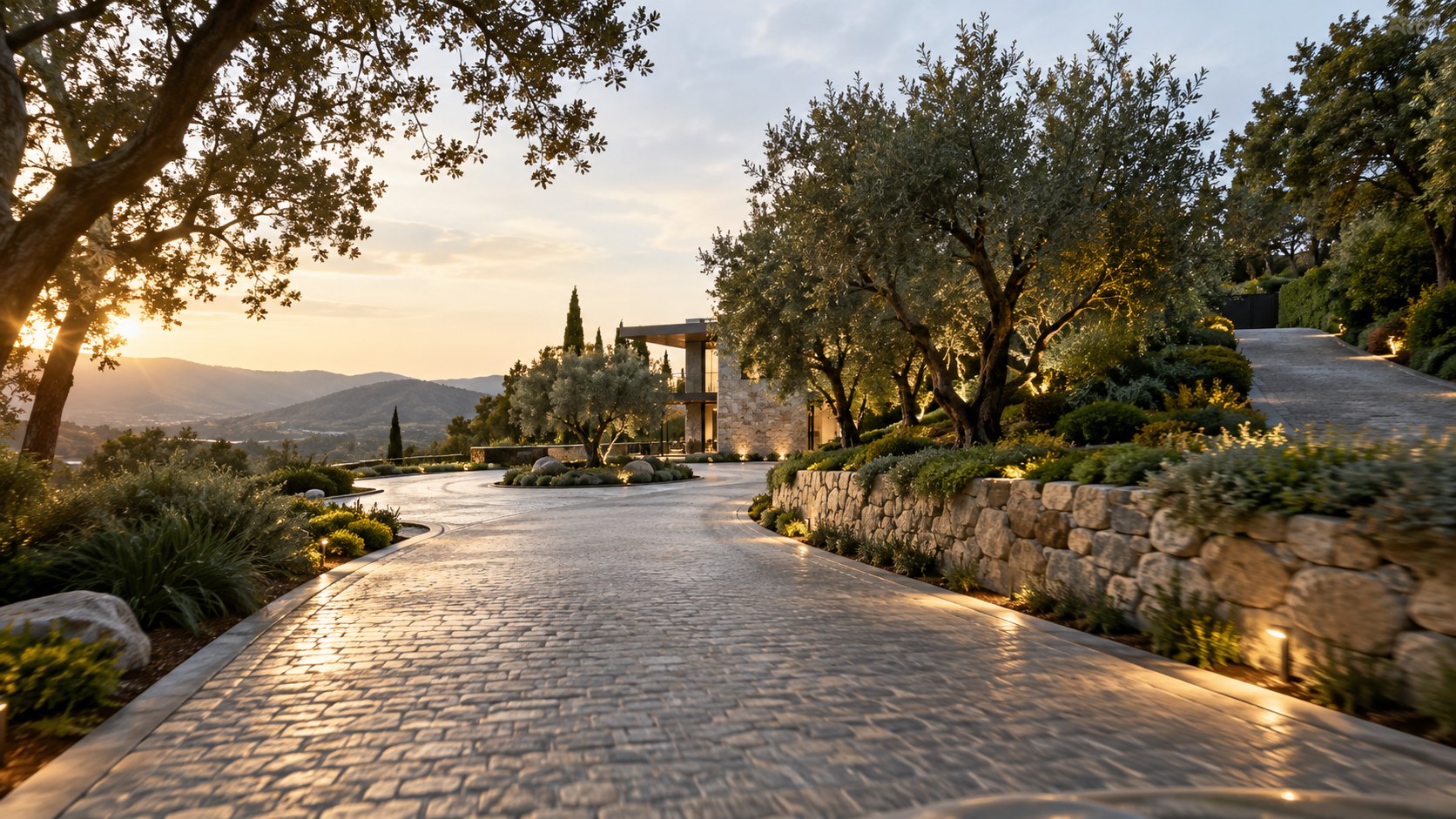 Curving driveway follows site topography through structured planting toward a distant contemporary residence.
