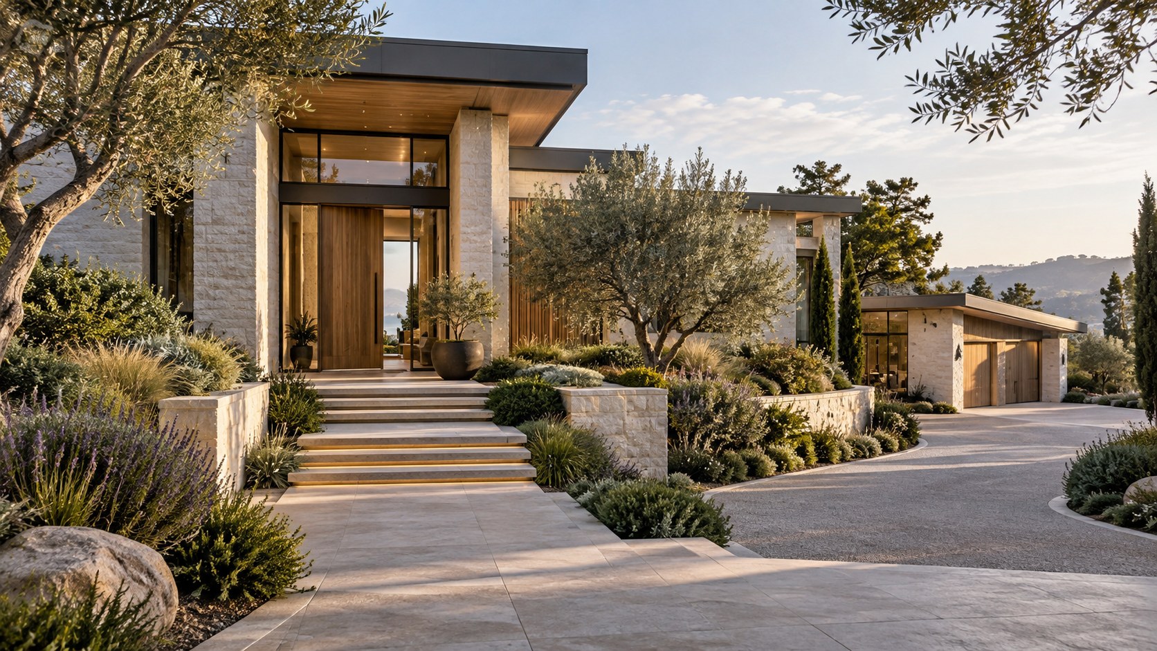 Perpendicular garage doors and layered planting keep vehicle storage secondary to the main residential entrance.