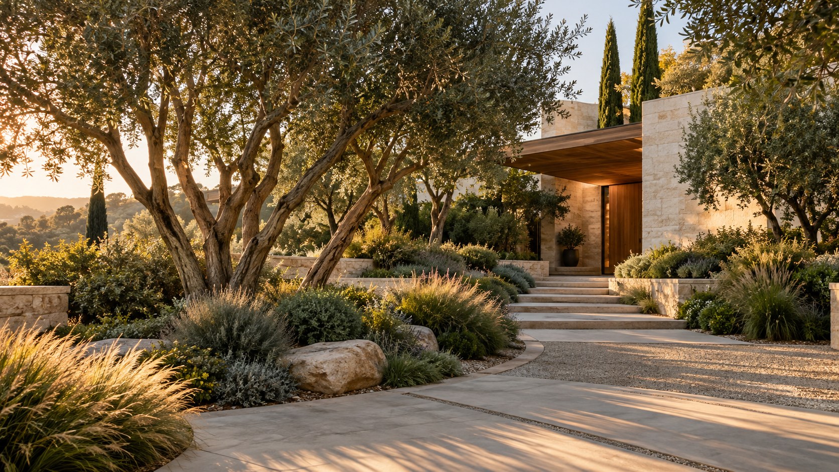 Layered climate-specific planting frames selected architecture while screening secondary areas along the entrance sequence.
