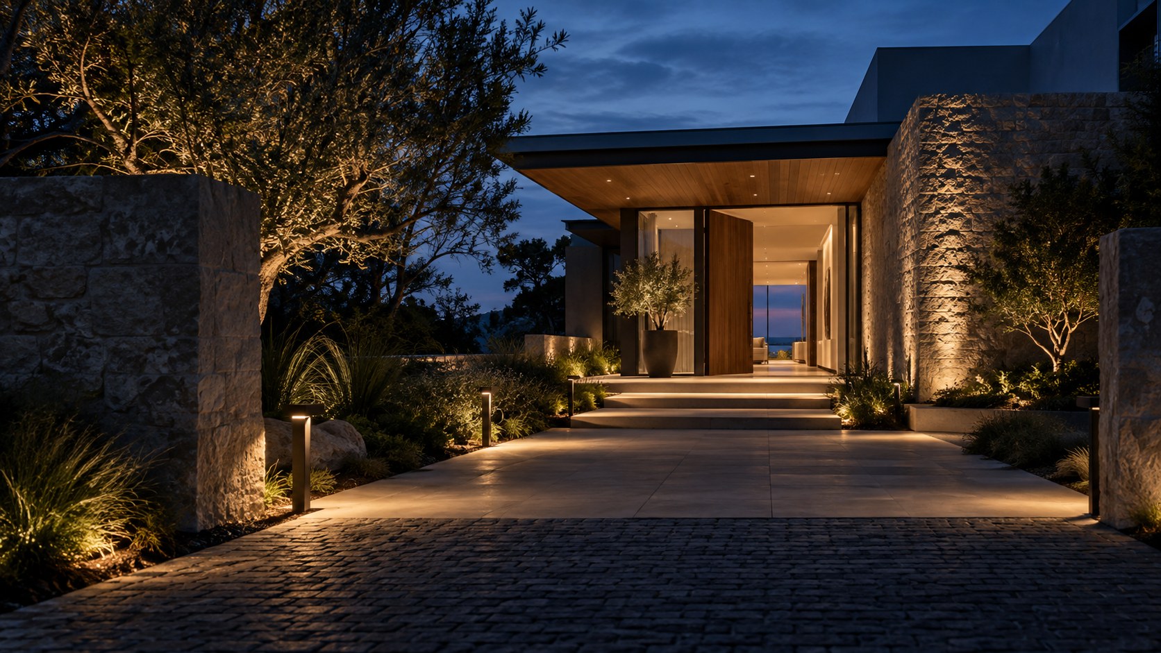 Low-level lighting guides a dark arrival path toward a warmly illuminated sheltered entrance at blue hour.