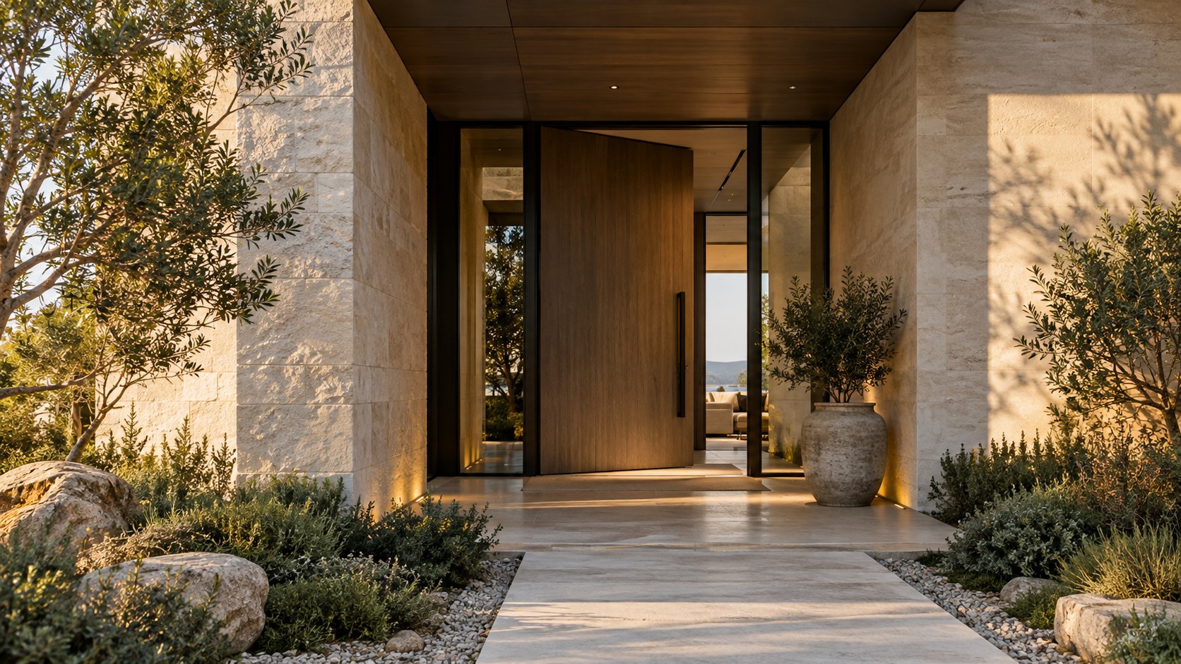 Deep wall reveal and canopy give a restrained front door presence at the end of the approach.
