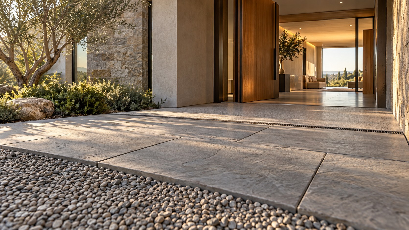 Gravel, exterior stone, threshold paving, and interior flooring create a precise sequence of material transitions.