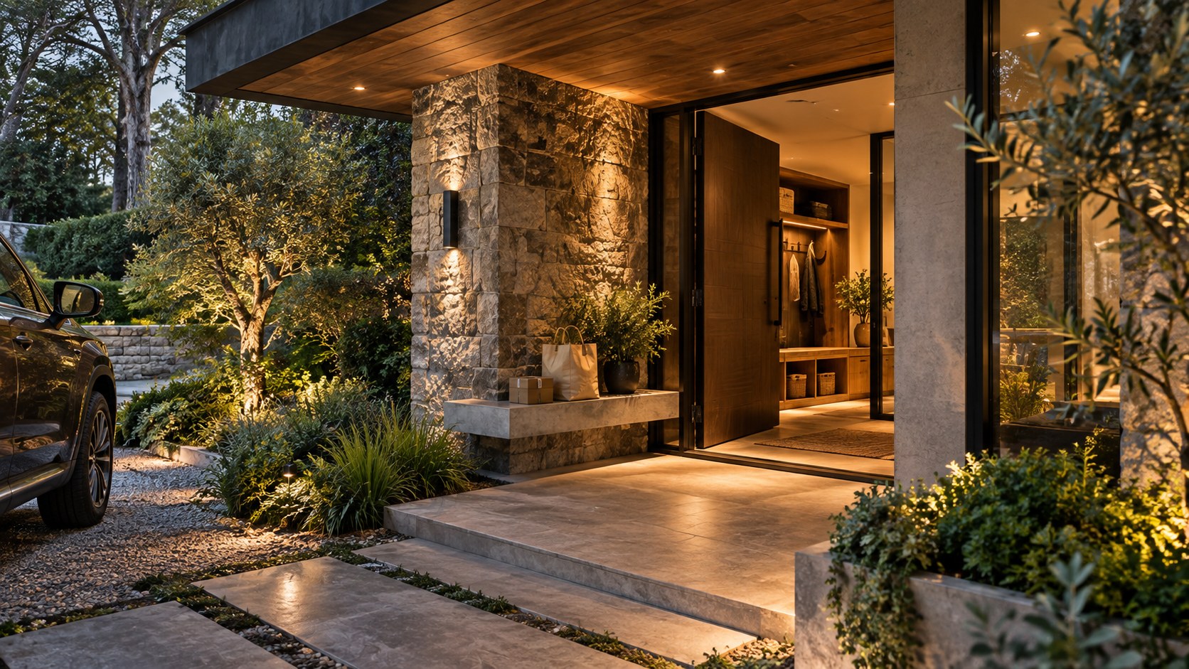 Sheltered resident entrance integrates package space, storage, warm lighting, and a practical route from parking.