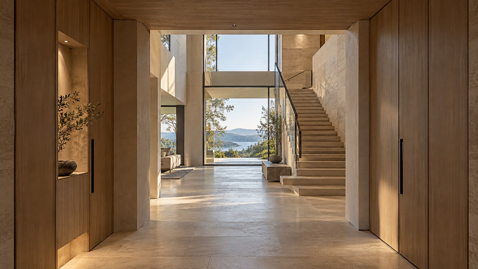 Compact foyer opens into a taller interior volume with clear circulation, integrated storage, and framed landscape.