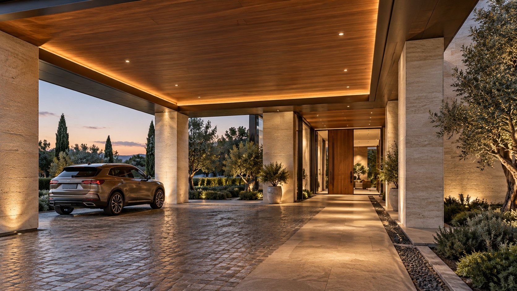 Sheltered porte-cochère uses timber, stone, lighting, and paving to create a room-like arrival zone.