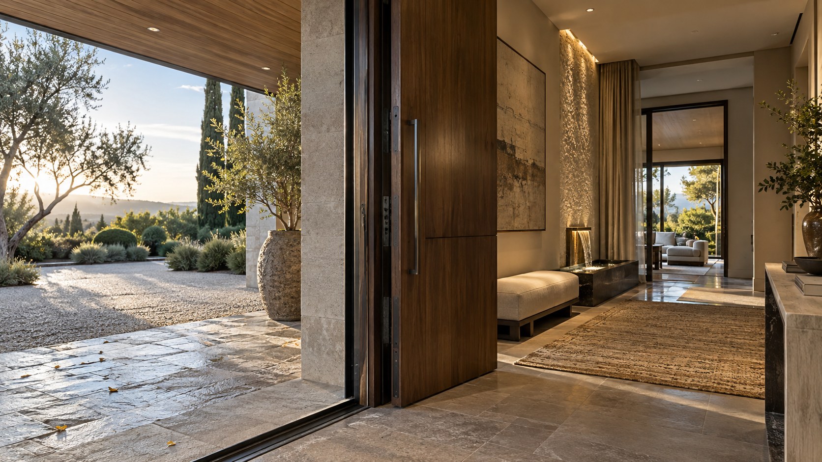 Gravel, timber, substantial entry door, and soft interior finishes suggest a deliberate acoustic transition.