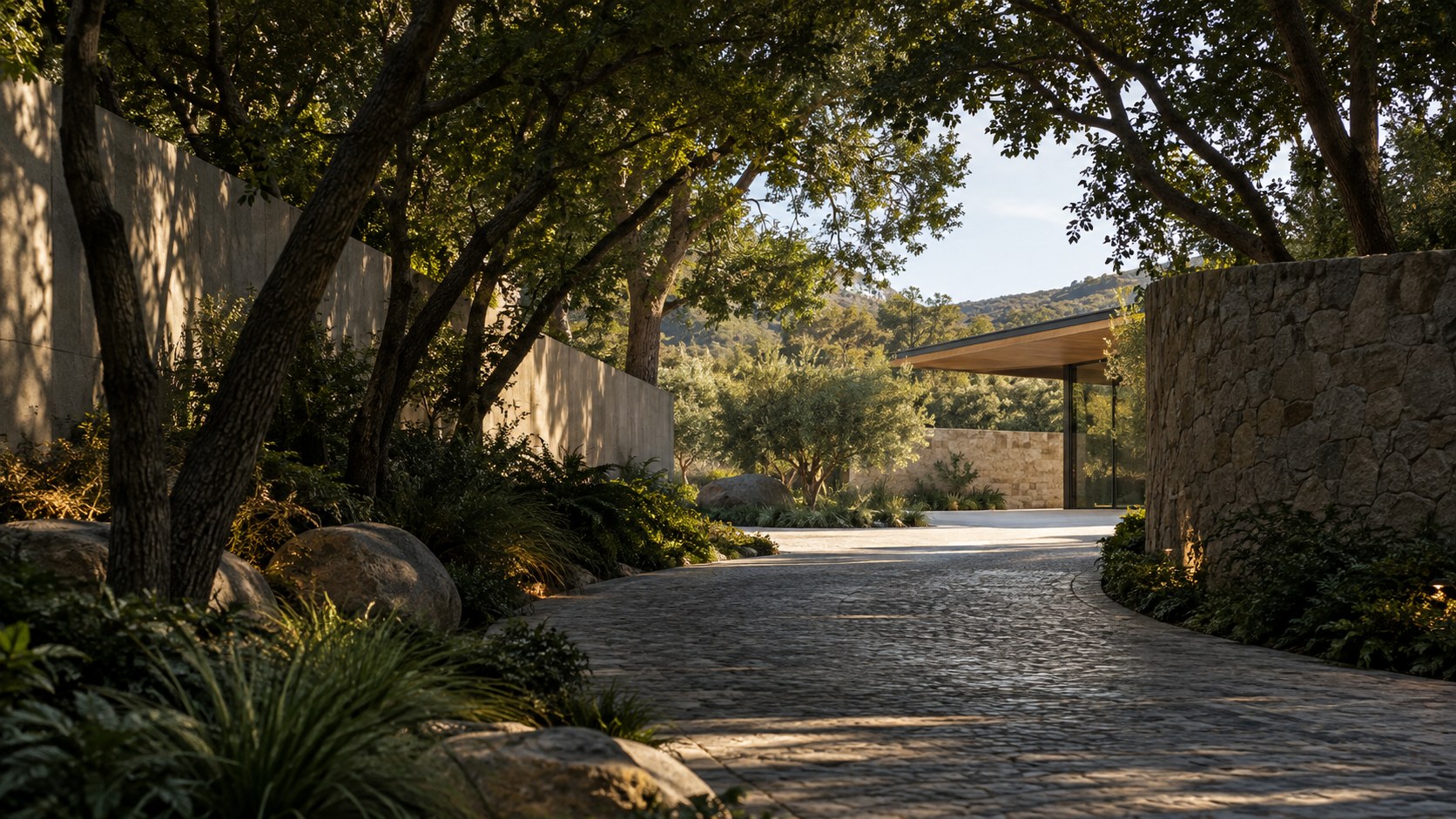 Curving approach through trees reveals only fragments of a contemporary residence before the forecourt opens.