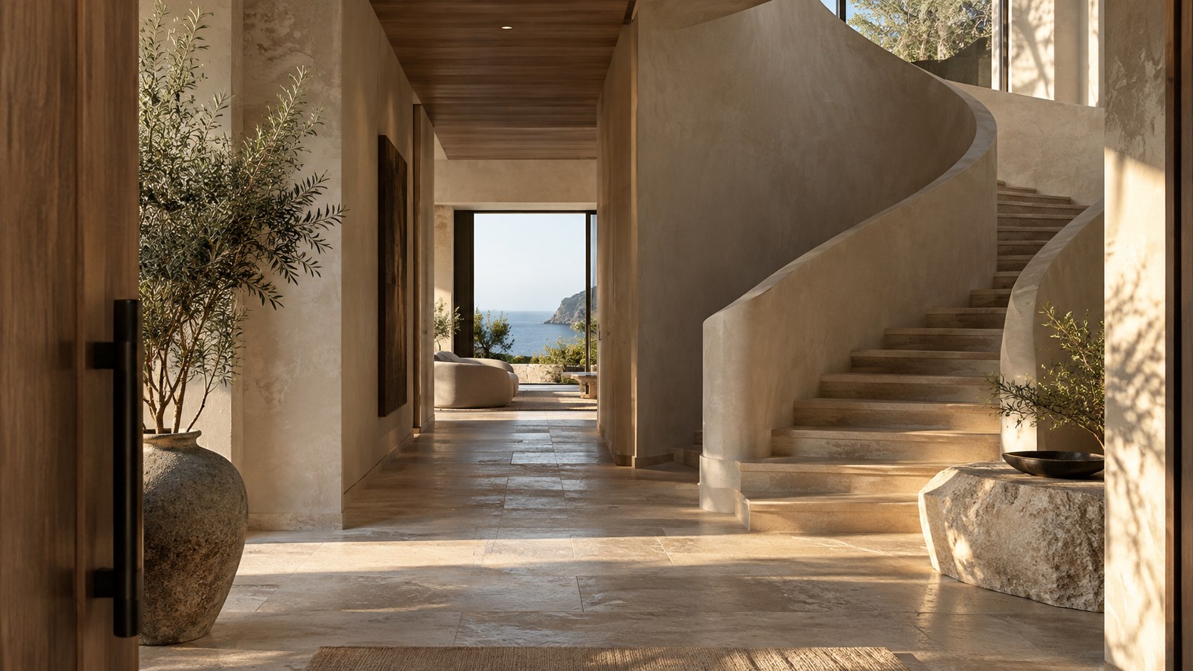 Offset foyer walls and stair frame a limited landscape view while protecting deeper interior spaces.