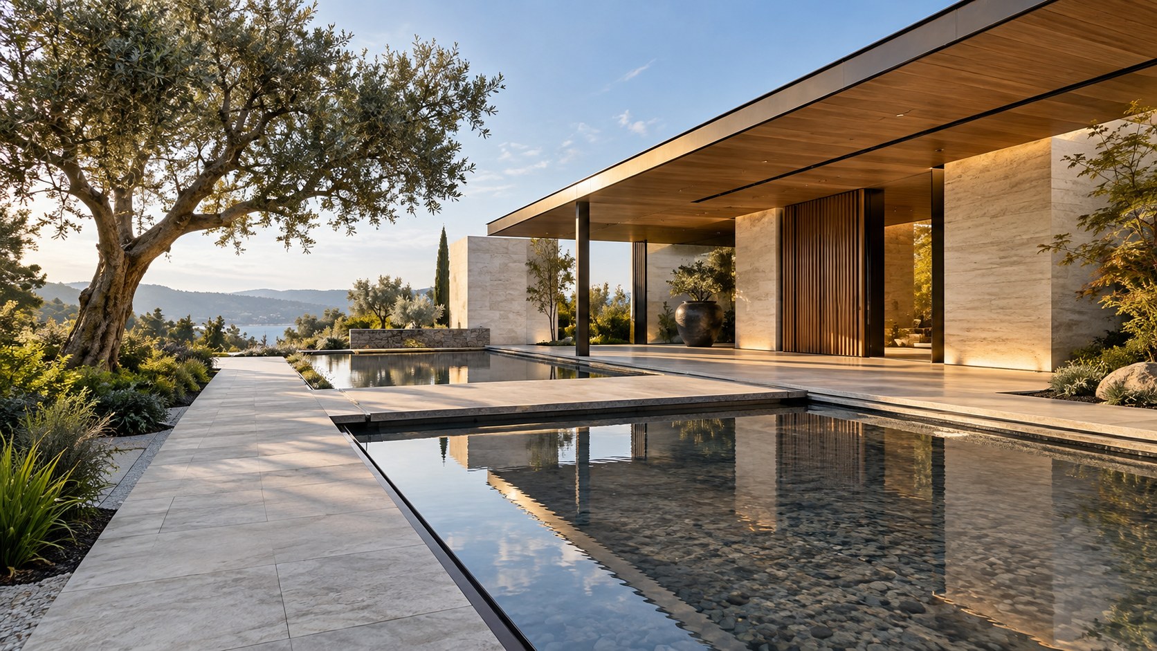 Shallow reflecting basin and bridge slow the approach toward a sheltered contemporary residential entrance.