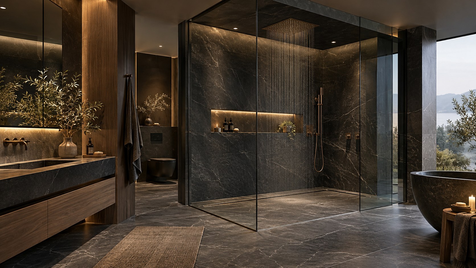 Frameless glass shower remains visually open while lighting, wall finish, niche, and drainage define its boundaries.