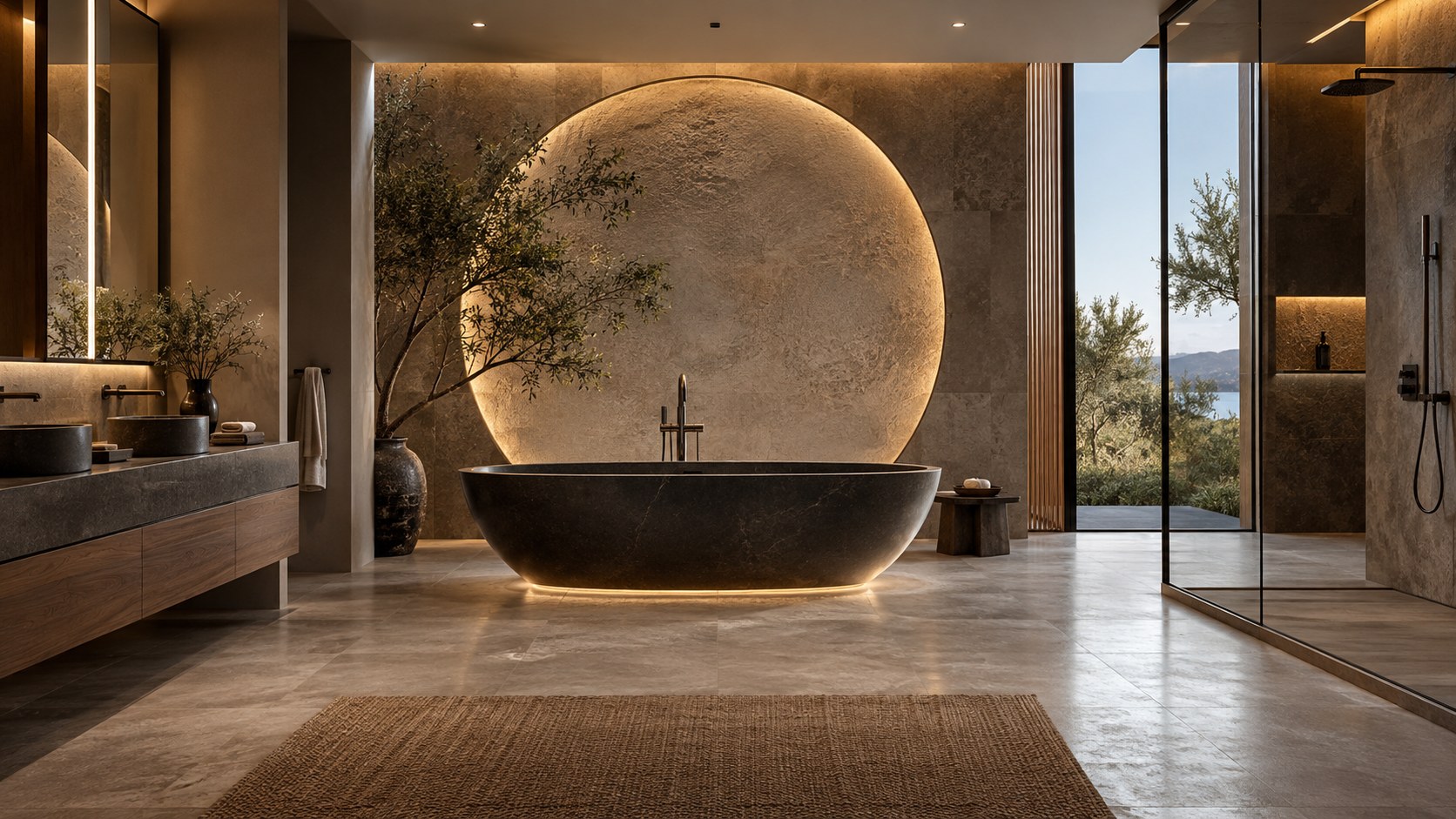 Sculptural freestanding tub aligns with a focal wall and generous circulation in a refined dark bathroom.