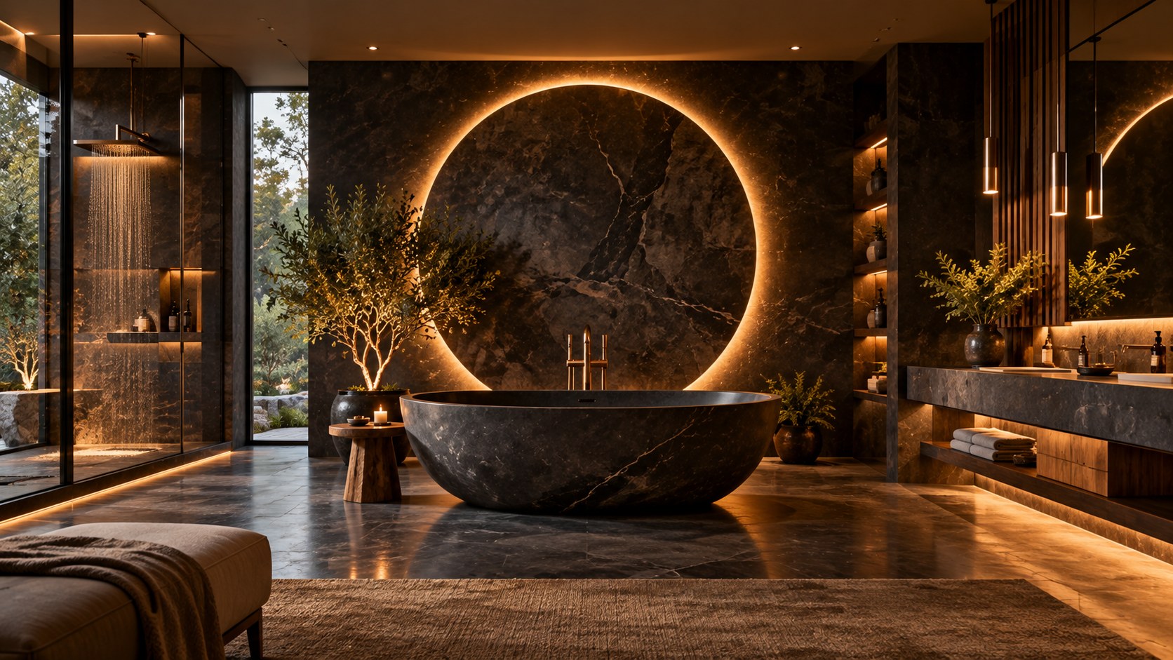Backlit circular wall feature and sculptural tub establish a clear hierarchy in a dark luxury bathroom.