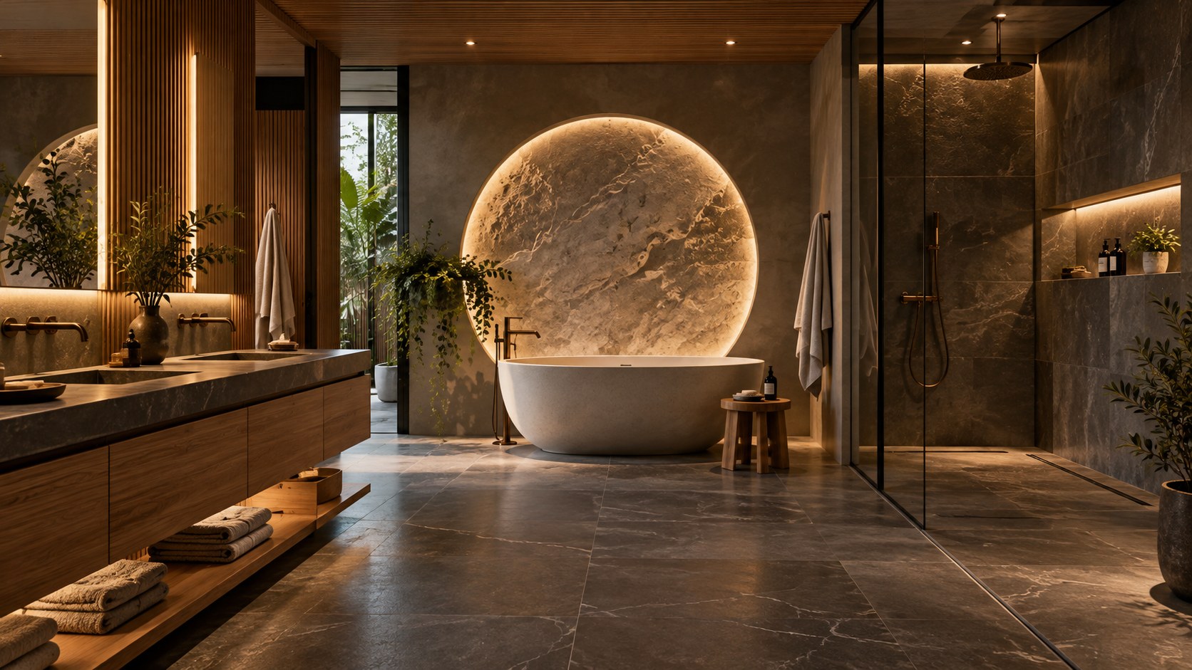 Restrained celestial bathroom combines a circular focal panel, dark stone, timber vanity, glass shower, and layered lighting.