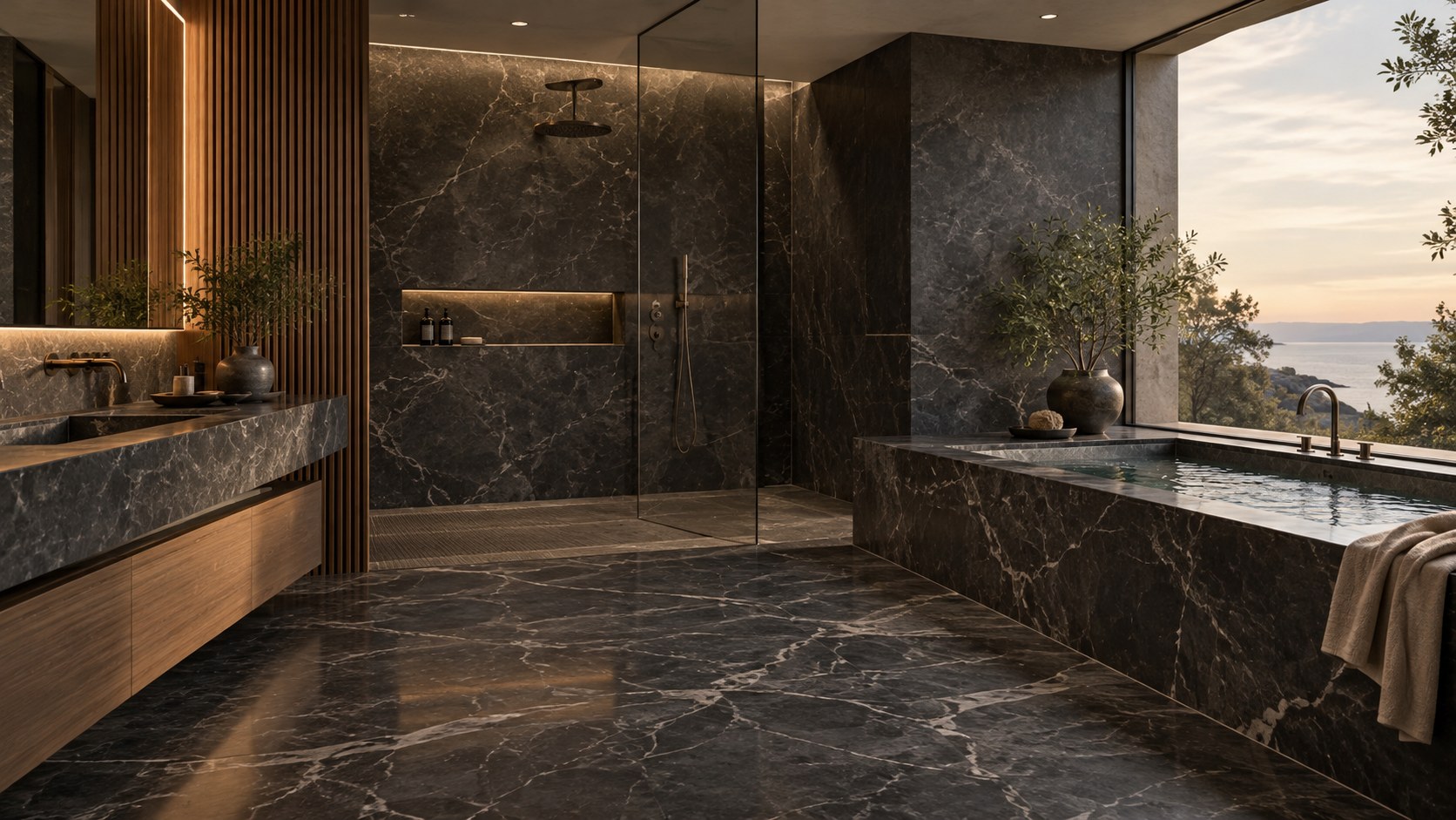 Honed dark stone, reflective surfaces, timber, glass, and greenery create depth across a monolithic bathroom interior.