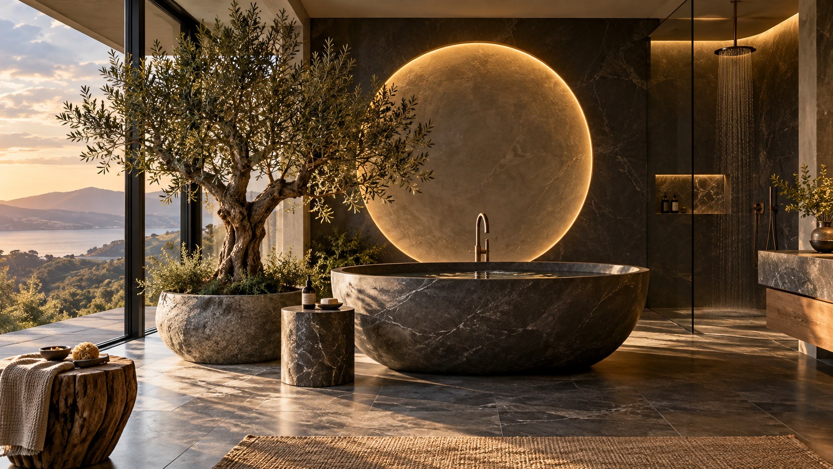 Indoor tree and natural textures soften precise circular lighting, dark stone, glass, and metal in a dramatic bathroom.