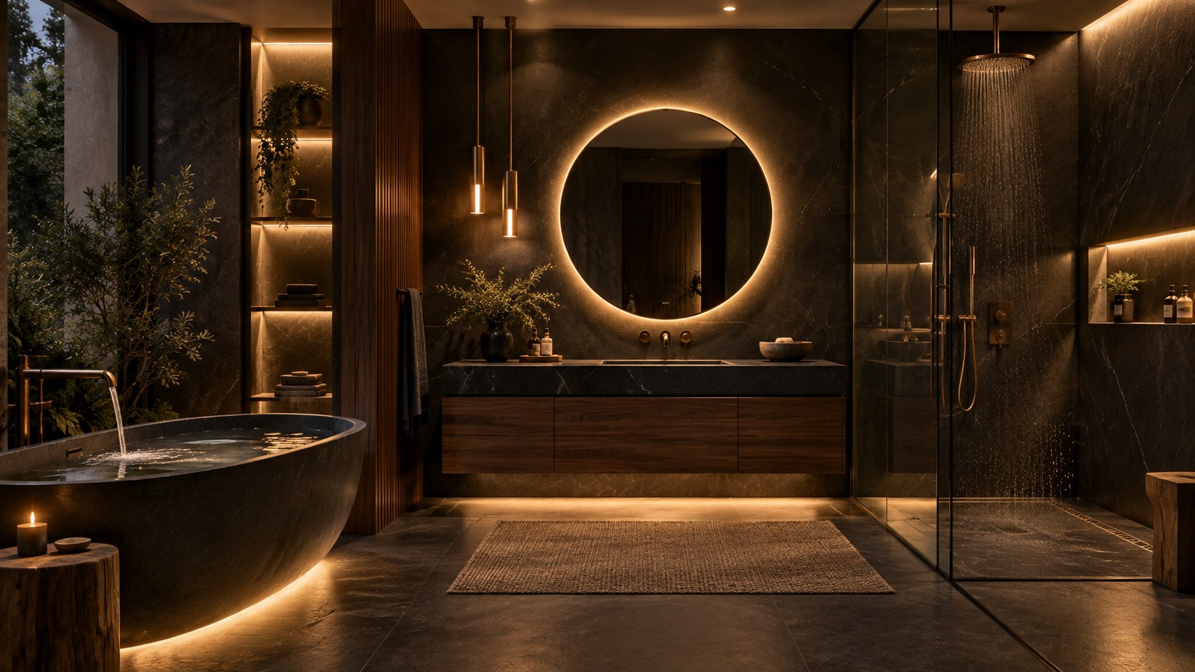 Ambient, task, accent, and low-level lighting layers create a warm, functional dark luxury bathroom.