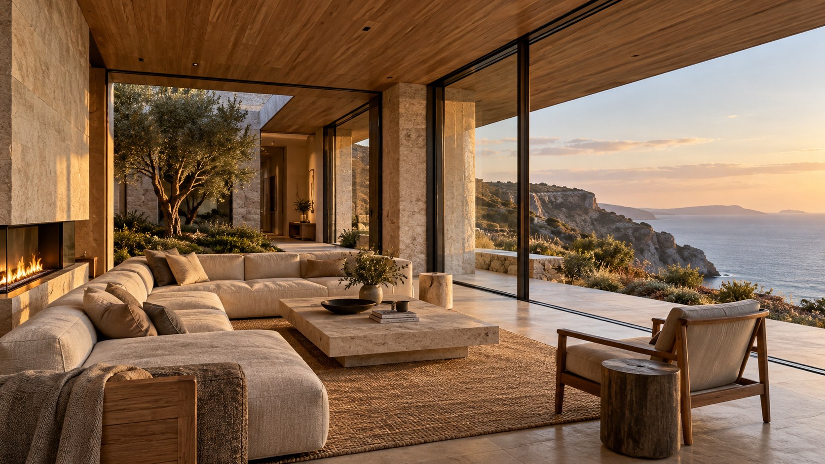 Ocean-facing glass is balanced by stone walls, deep overhangs, timber ceilings, and protected side zones.