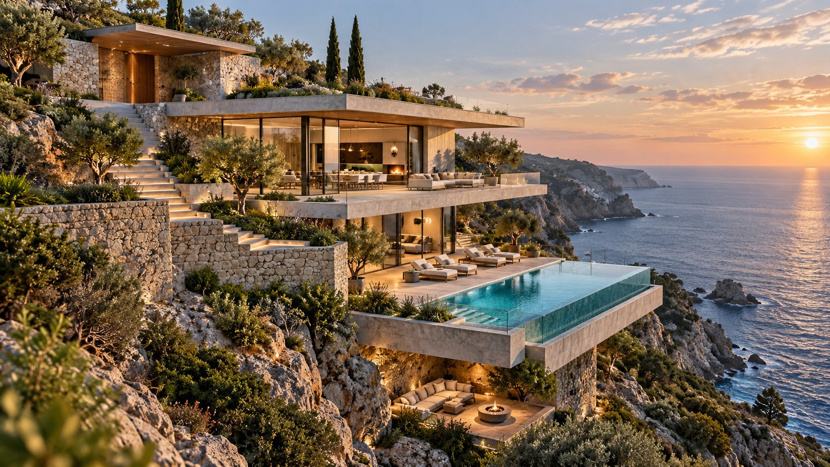 Stepped cliffside villa follows the natural slope with layered living, pool, and lower lounge terraces.