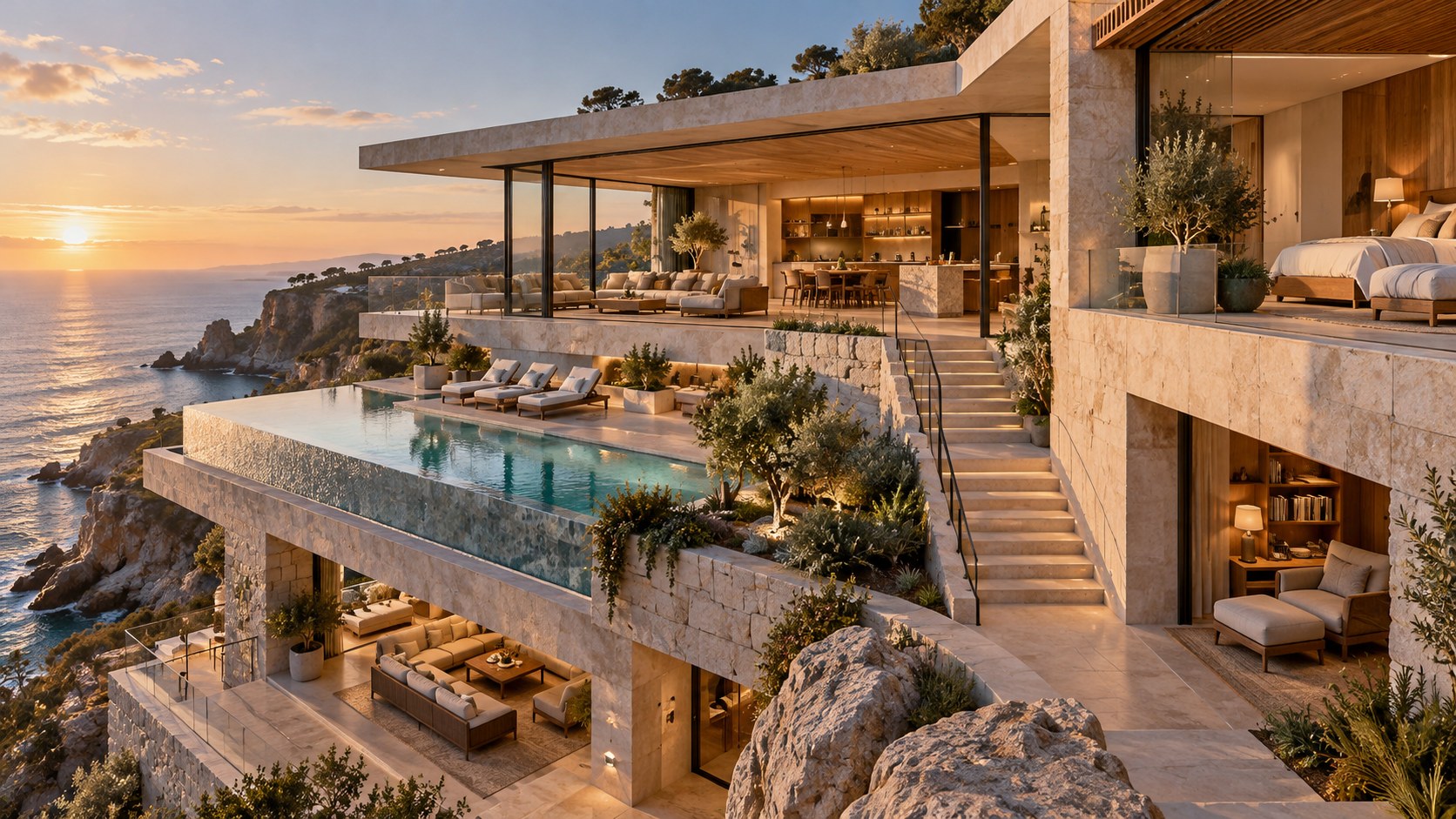 Human-scale seating, quiet rooms, safe circulation, storage, and dramatic terraces coexist in one cliffside villa.