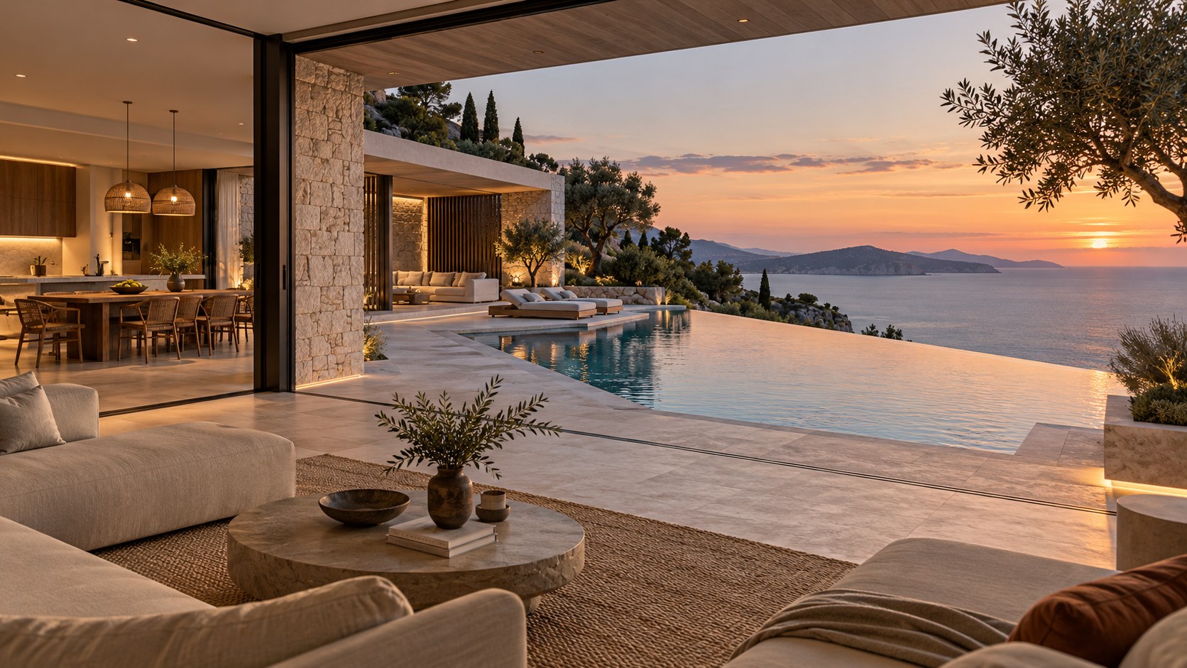 Infinity pool forms a middle layer between the living room, terrace, and distant sea horizon.