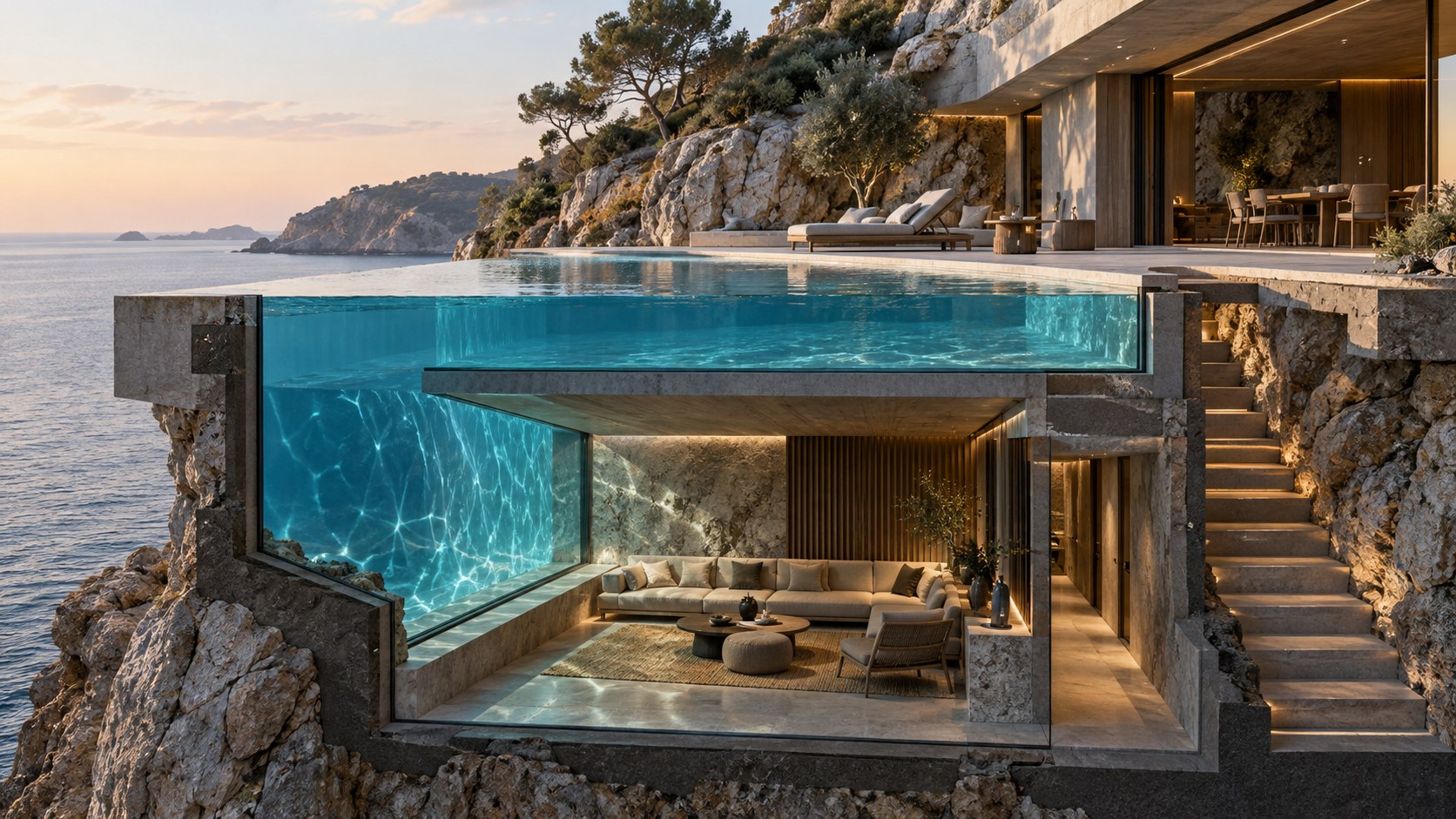 Underwater lounge sits beneath the pool with one aquatic viewing wall and solid sheltered surfaces.