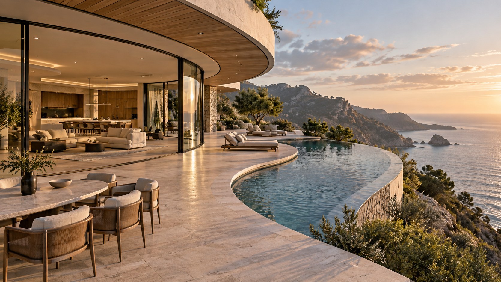 Broad curved terraces and circulation paths follow the coastline while rectilinear interior zones remain practical.