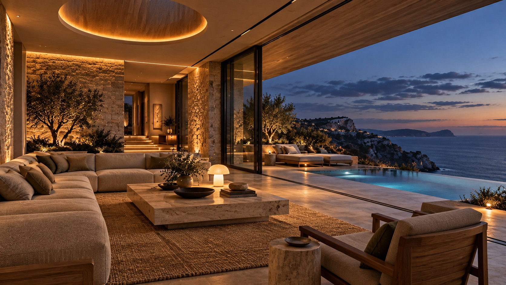 Blue-hour lighting layers warm interiors, subtle pool glow, stone texture, and the dark coastal horizon.