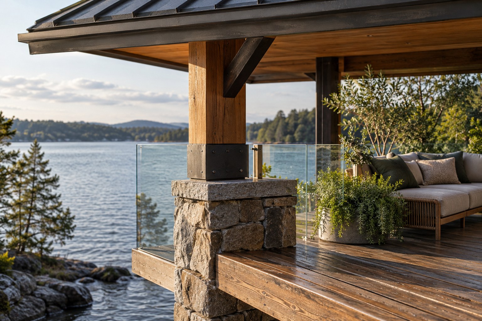 Waterfront pavilion detail combines weathered timber, rough stone, dark metal roofing, glass, and durable outdoor upholstery.