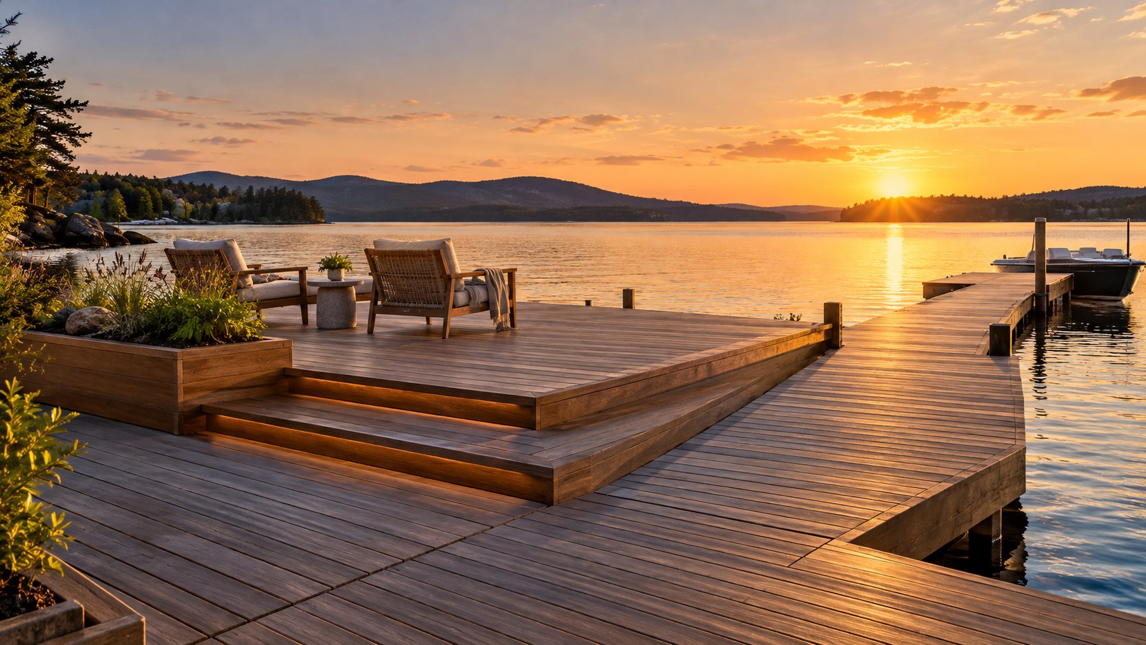 Tiered timber dock creates separate lounge, circulation, and boarding zones while preserving an open lake view.