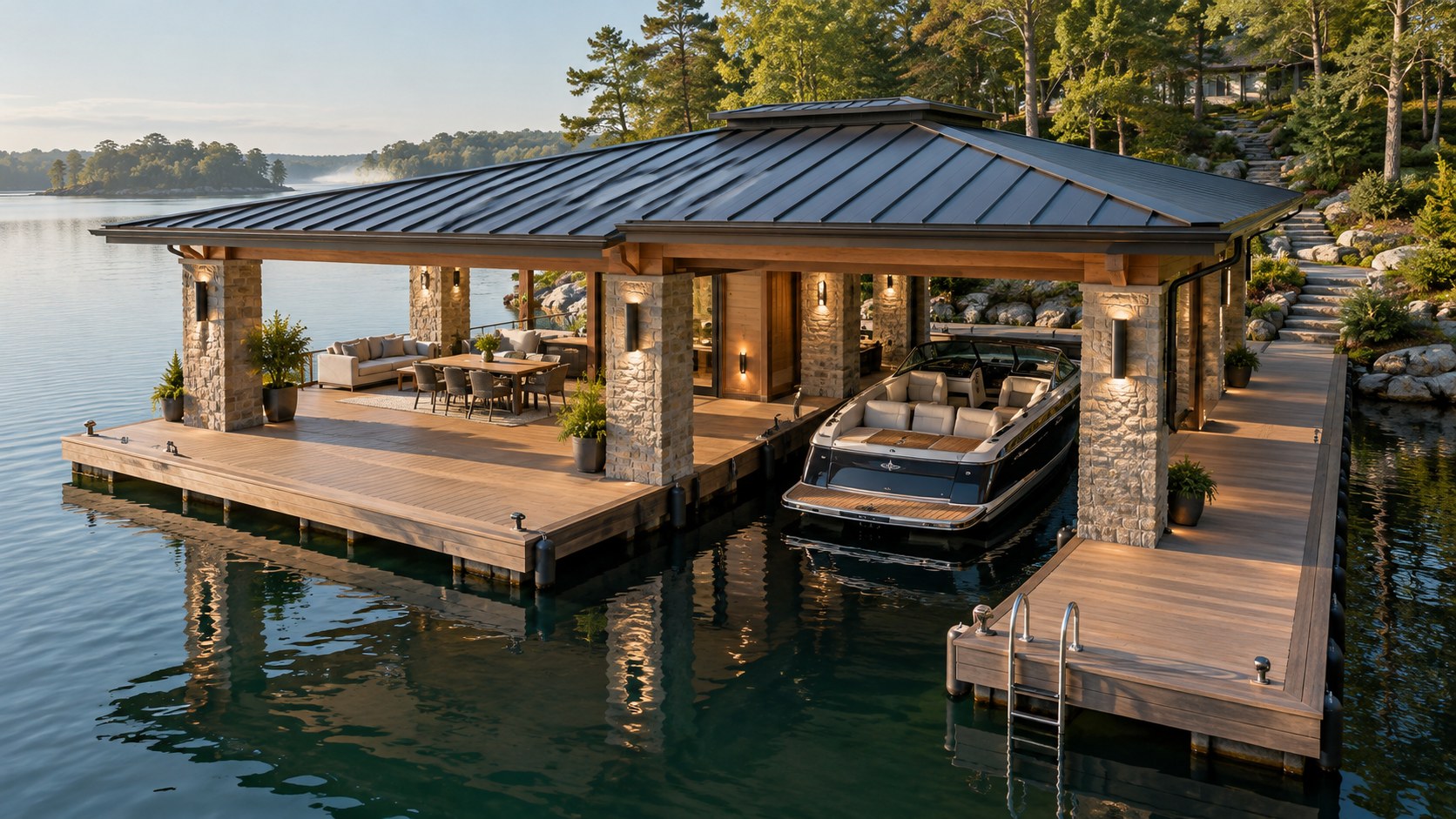 Integrated boat slip sits within the pavilion grid beside separate lounge space and clear boarding circulation.