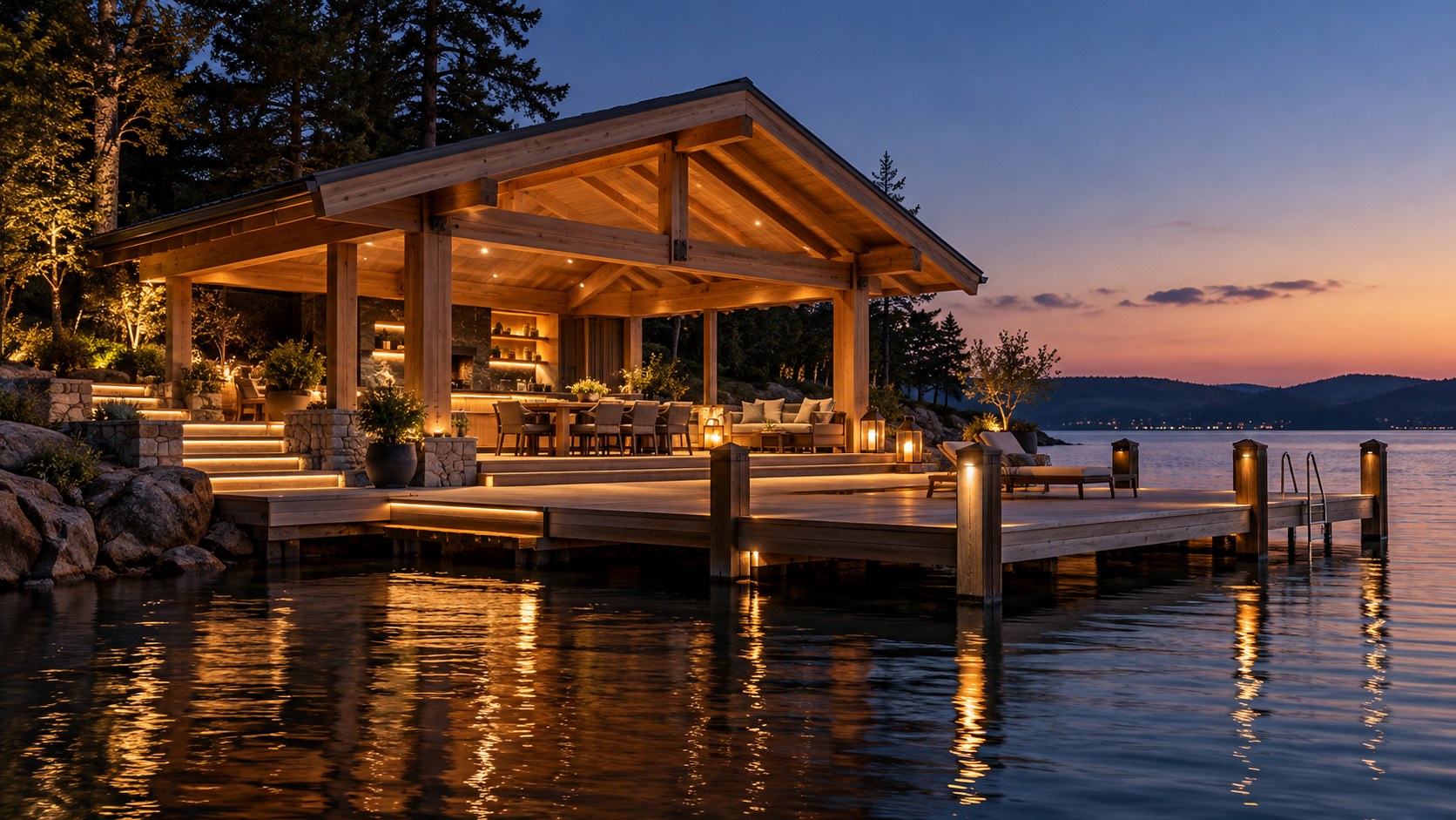 Blue-hour pavilion lighting combines low dock lights, warm roof illumination, lanterns, and subtle reflections on the lake.