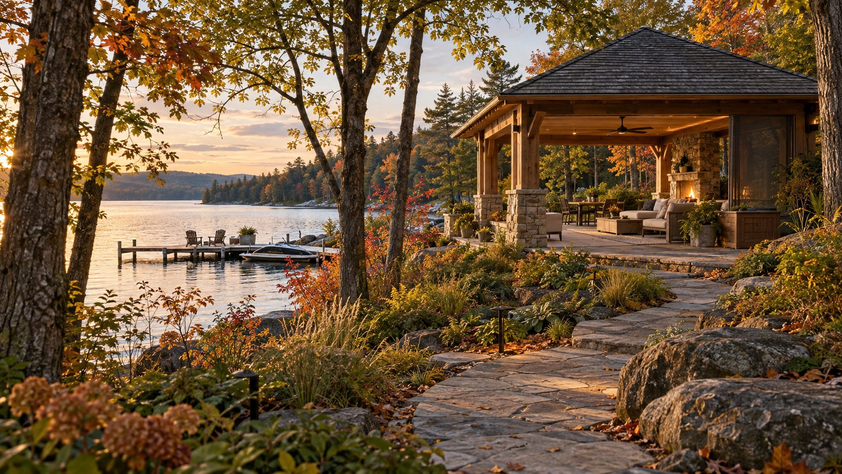 Autumn landscape frames a lakeside pavilion with mature trees, shoreline planting, concealed storage, and seasonal comfort features.