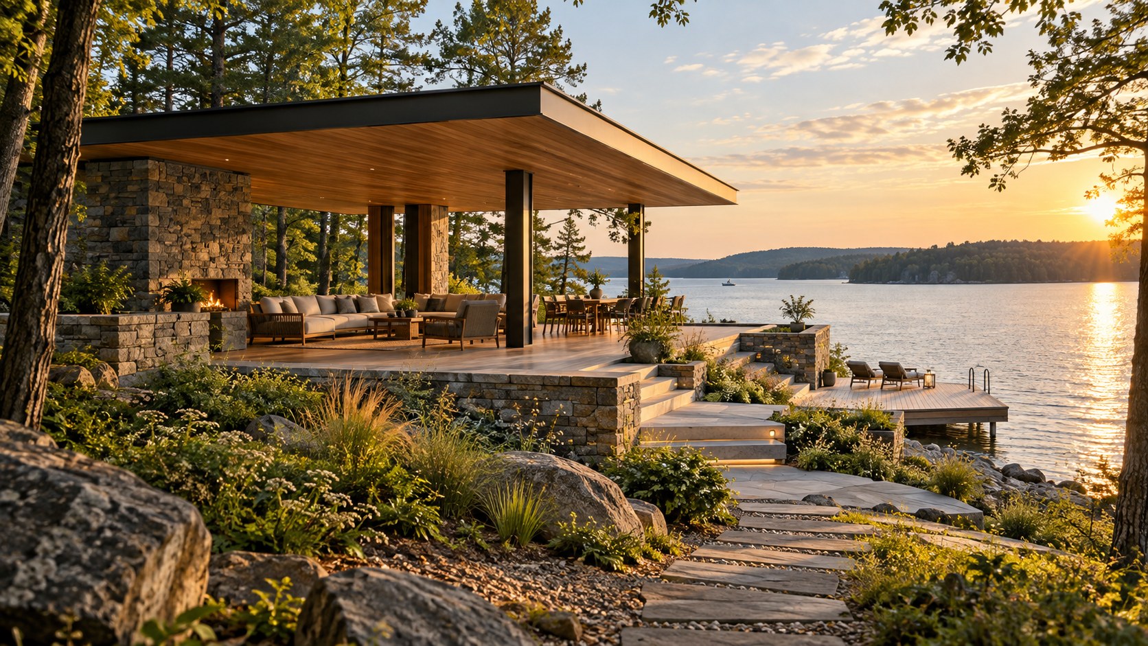 Layered lakeside pavilion transitions from planted shoreline and stone piers to timber deck and open water.